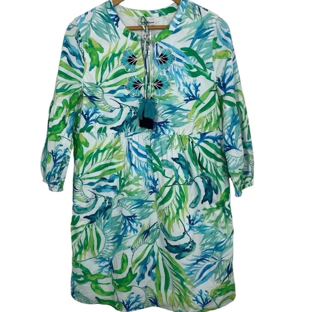 TOMMY BAHAMA tropical Salina Key Seas Fronds women’s dress  Blue Green M EUC - Picture 2 of 6
